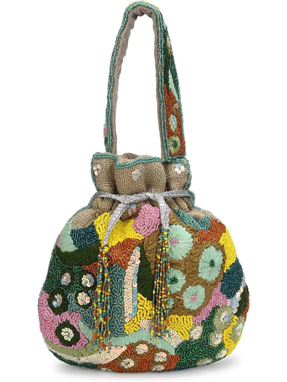 Colorful Beaded Potli Bag for Women | Floral Embroidered Jute Drawstring Handbag